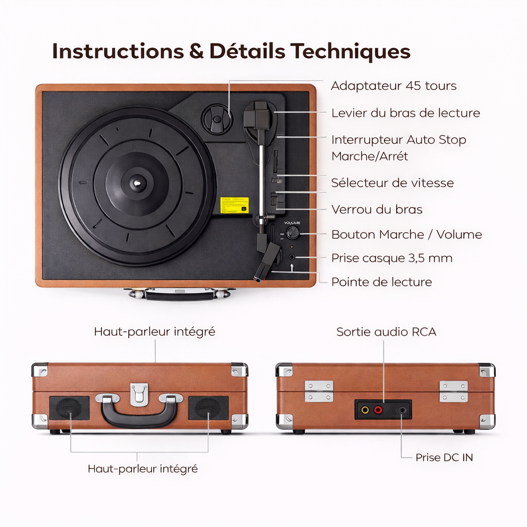 Platine vinyle portable MAIO Bluetooth 33/45/78 tours haut-parleurs intégrés RCA AUX
