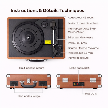 Platine vinyle portable MAIO Bluetooth 33/45/78 tours haut-parleurs intégrés RCA AUX