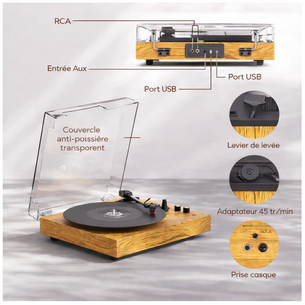 Platine vinyle à courroie Audio-Technica 33/45/78 tours RCA préampli intégré
